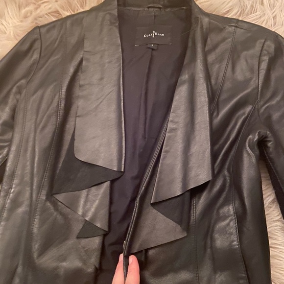 Cole Haan Lambskin Open Front Waterfall Leather Jacket - Picture 6 of 7